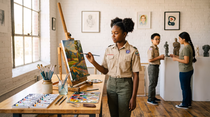 A Scout standing at an easel in a bright, organized art studio, looking at a canvas with paint supplies on a nearby table