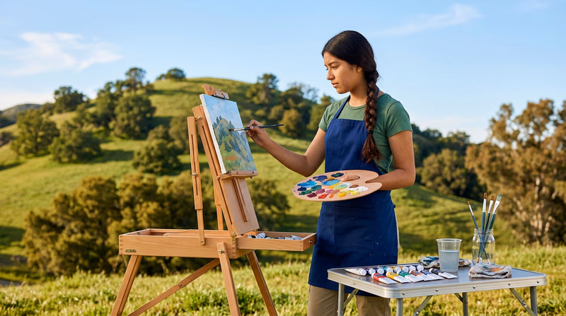 A Scout in work clothes standing at an easel outdoors, painting a landscape with acrylics, with a palette and brushes visible