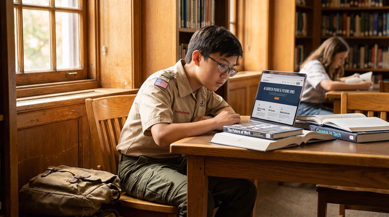 A Scout at a library or study space with books and a laptop, researching AI careers. The laptop screen shows a career website. Focused, studious atmosphere.