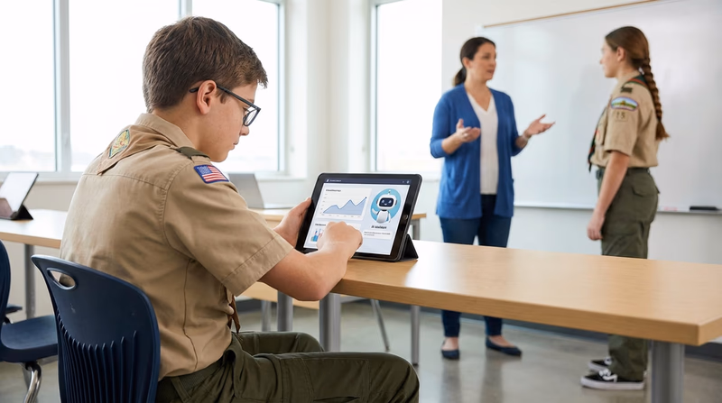 A Scout at a school desk using a tablet that shows an AI tutoring interface, with a teacher visible in the background. Bright, modern classroom setting.