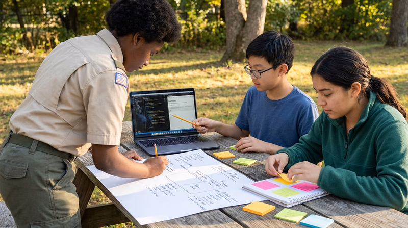 A Scout spread out at a table with a project plan on paper, a laptop open to an AI tool, colored sticky notes, and a pencil. Planning phase of a hands-on AI project.