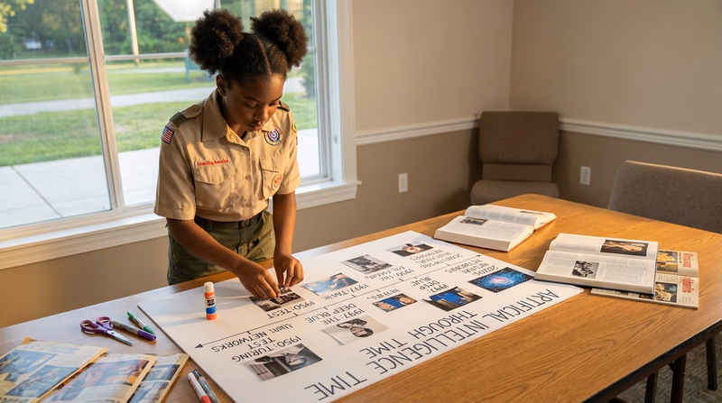 A Scout working on a large poster board timeline laid out on a table, with printed photos and handwritten dates being glued on. Markers, scissors, and reference materials nearby.