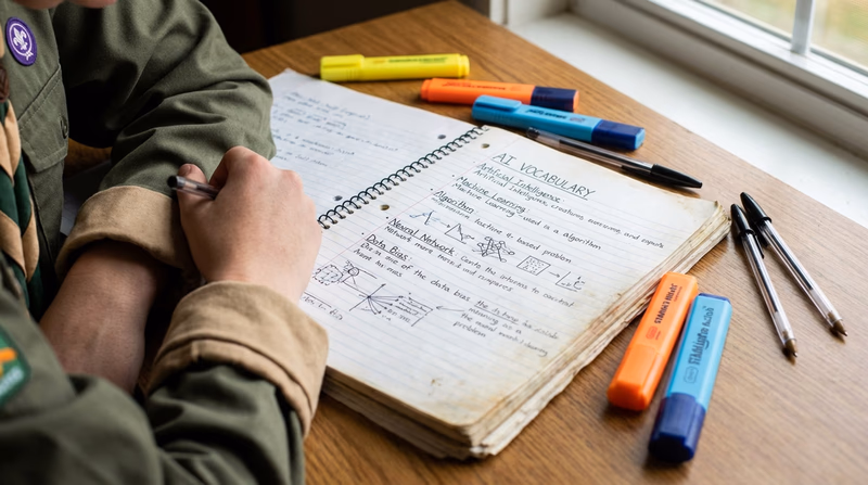 Close-up of a Scout's notebook open on a table with handwritten AI vocabulary terms and definitions, colorful highlighters and pens beside it. Clean, studious setting.