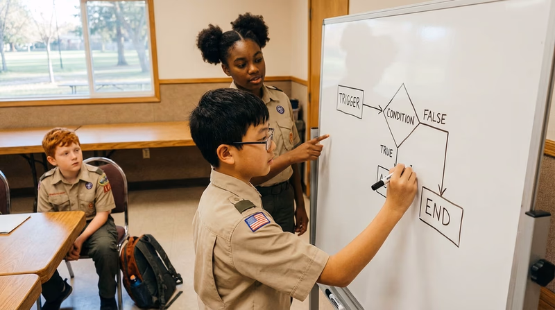 A Scout drawing a flowchart on a whiteboard showing triggers, conditions, and actions — the basic structure of an automated workflow. Marker in hand, concentrating.