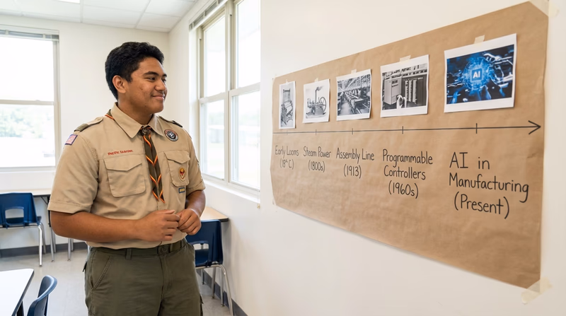 A completed timeline poster on a classroom wall showing milestones in automation history, with printed images and neat labels. A Scout standing back to admire the finished work.