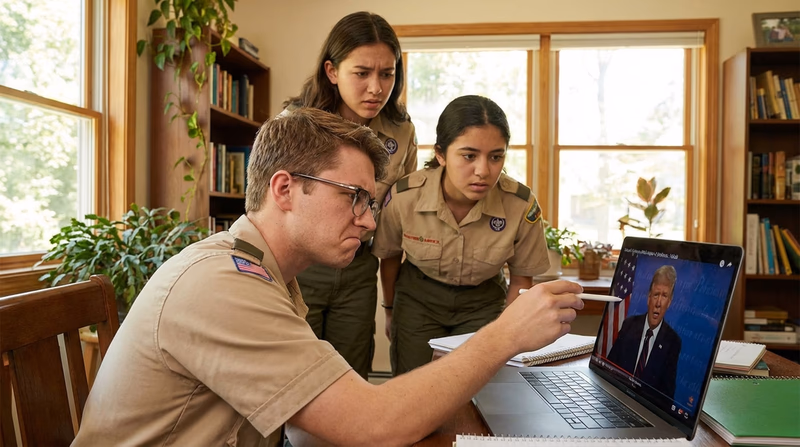 A Scout looking critically at a laptop screen, leaning in with a skeptical expression, as if analyzing whether a video is real or fake. Study room setting with good lighting.