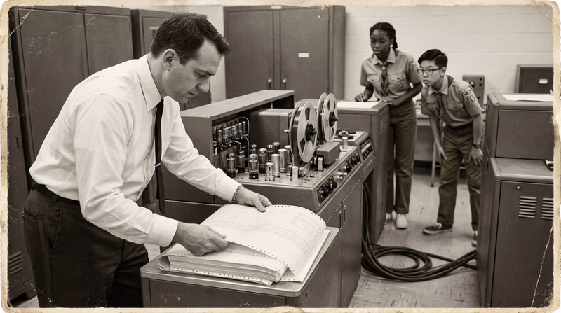 A historical photograph-style scene of a 1950s or 1960s university computer room with large mainframe computers, reel-to-reel tape drives, and a researcher in a white shirt and tie examining printouts.