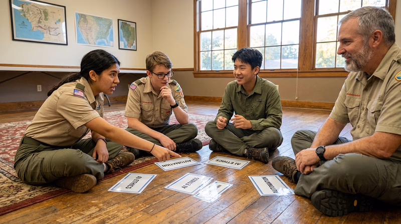 A small group of Scouts sitting in a circle having an animated discussion, with scenario cards visible on the floor between them. A counselor listens attentively. Indoor meeting room setting.