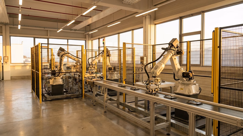 A modern factory floor with robotic arms assembling products on a conveyor belt, well-lit and clean industrial setting. No people required — focus on the automation equipment.