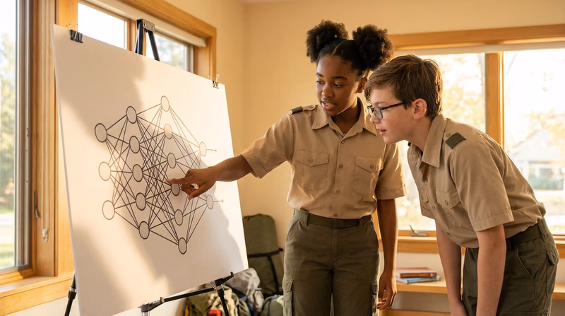 A Scout looking at a poster or screen showing a simplified neural network diagram — interconnected nodes in layers with data flowing through. The Scout is pointing at it, explaining to a buddy.
