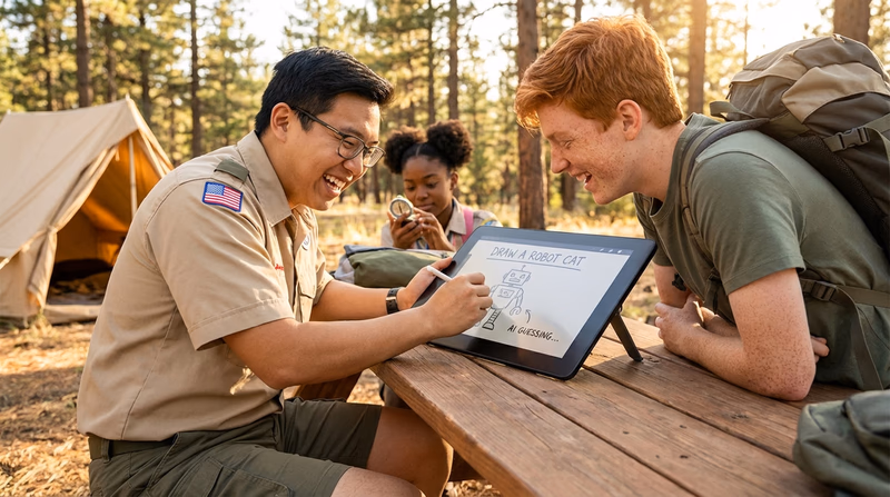 A Scout drawing quickly on a tablet or touchscreen, laughing, while a friend watches — playing an AI drawing game. Casual, fun atmosphere.