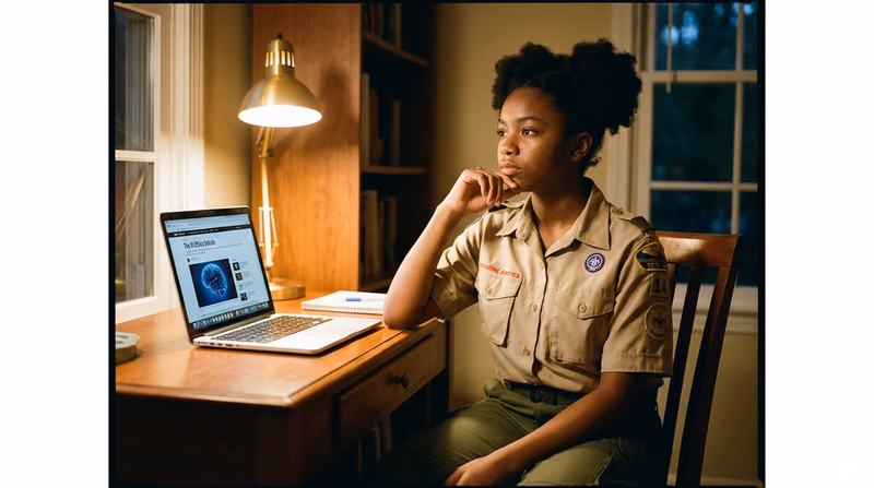 A thoughtful Scout sitting at a desk with a laptop open, chin resting on hand, looking contemplative. On the screen is a news article about AI. Warm study lamp lighting.