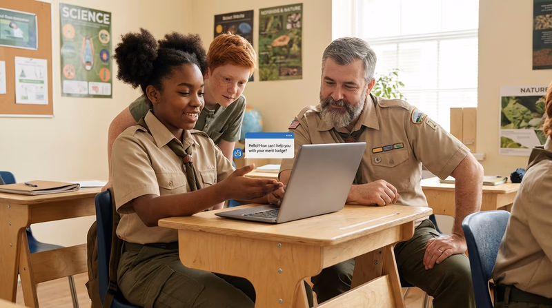 A Scout at a school desk with a laptop open, demonstrating an AI interaction to a counselor sitting beside them. Both are looking at the screen, the counselor nodding approvingly.