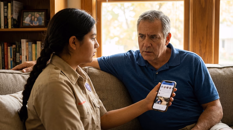 A Scout showing their phone screen to a trusted adult (parent or counselor), both looking serious but calm. The adult has a reassuring posture. Living room or office setting.