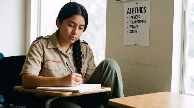 A Scout writing in a journal at a desk, focused and deliberate. A printed list or poster about AI ethics is visible on the wall behind them.