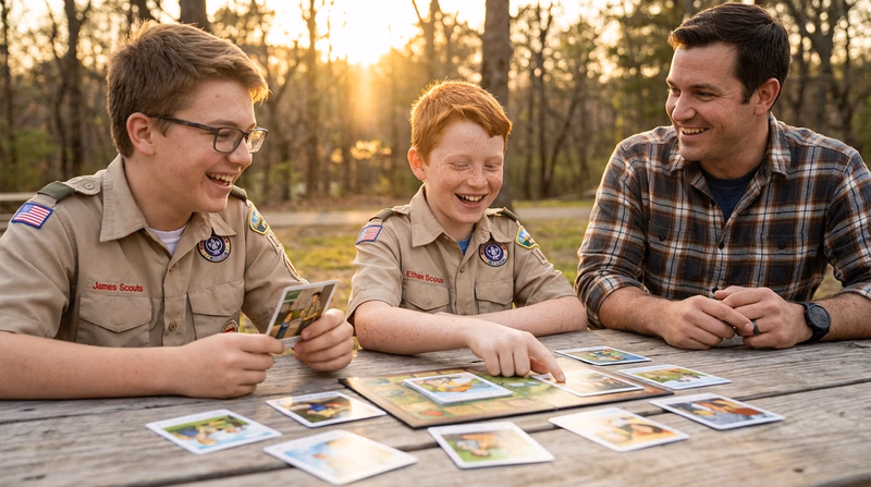 Two Scouts and a counselor sitting at a table playing a card-based game, with scenario cards spread out. They are laughing and discussing — friendly, engaging atmosphere.