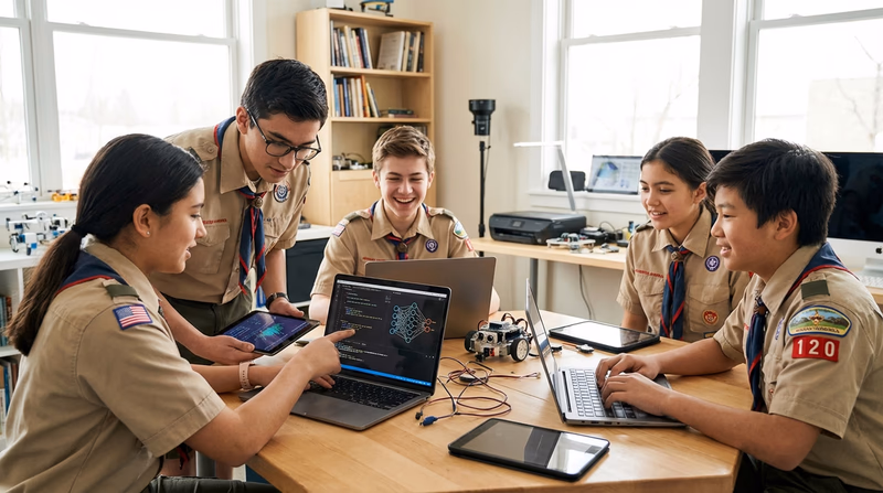 A diverse group of Scouts gathered around a table with laptops and tablets, working on an AI project together in a bright, modern classroom or maker space. Expressions of curiosity and excitement.