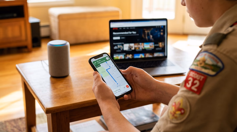 A Scout's hands holding a smartphone showing a navigation map app, with other everyday AI-powered devices visible in the background — a smart speaker, a laptop with a recommendation screen.