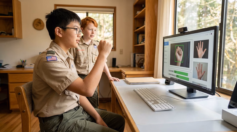 A Scout sitting at a computer using a webcam, holding up hand gestures to train an image recognition model. The screen shows a training interface with progress bars. Bright, casual setting.