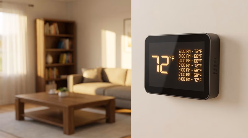 Close-up of a modern smart thermostat on a wall showing temperature settings and a schedule, with a comfortable living room blurred in the background.