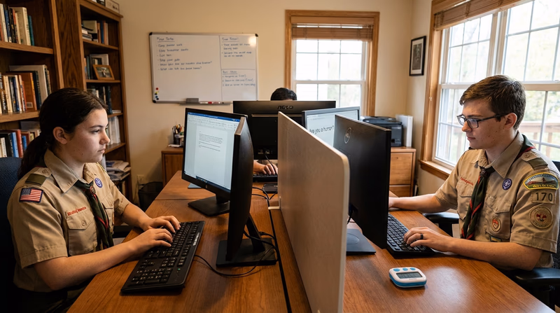 A split-scene setup: on one side of a desk, a Scout types on a keyboard looking at a screen. On the other side (separated by a divider), another person sits at a computer — representing the Turing Test concept of hidden communication.