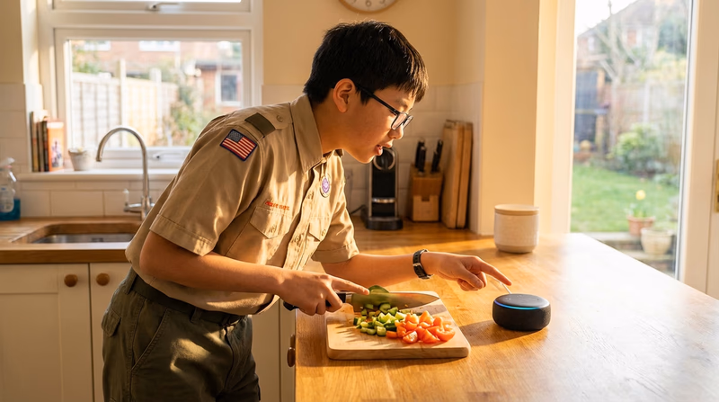 A Scout speaking to a voice assistant device on a kitchen counter while preparing food. Natural, everyday scene showing voice-based AI communication.