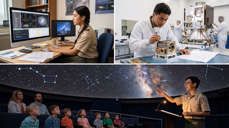 A collage showing different astronomy careers: a researcher at a computer analyzing data, an engineer working on a satellite, a planetarium presenter speaking to an audience