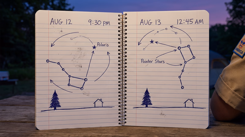 Two side-by-side astronomical sketches showing the Big Dipper at different orientations around Polaris, with horizon landmarks, dates, and times labeled