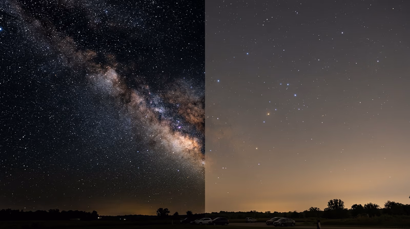 A side-by-side comparison showing the night sky from a dark rural site (Bortle 2, rich with stars and Milky Way) versus a city site (Bortle 8, only a handful of stars visible)