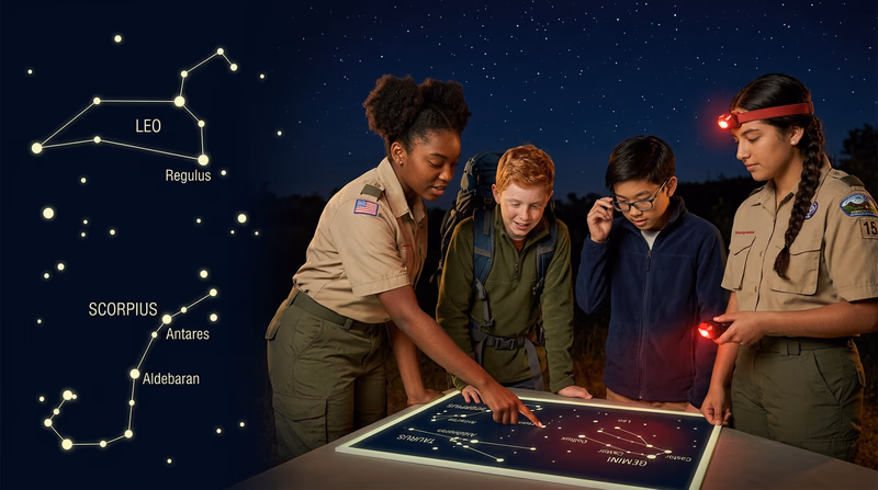 A star chart showing several zodiac constellations (Leo, Scorpius, Taurus, Gemini) with their star patterns connected by lines and labeled