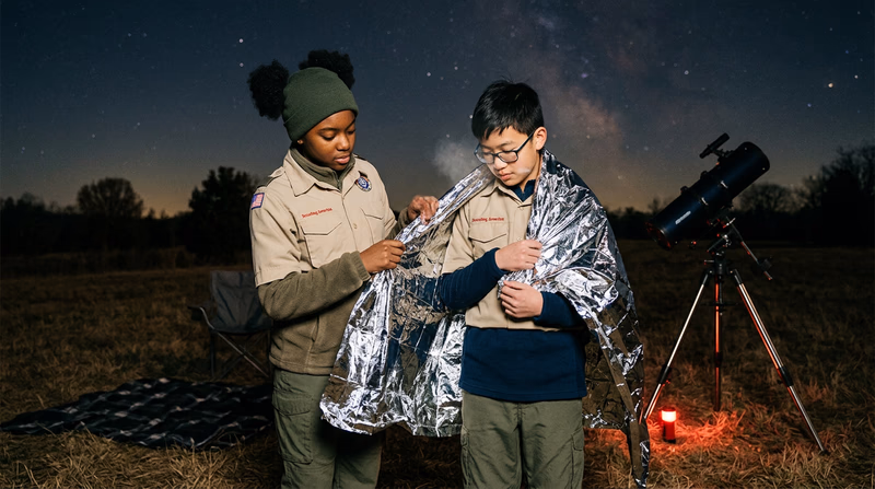 A Scout helping another Scout wrap up in an emergency blanket on a cold observing night with a telescope nearby