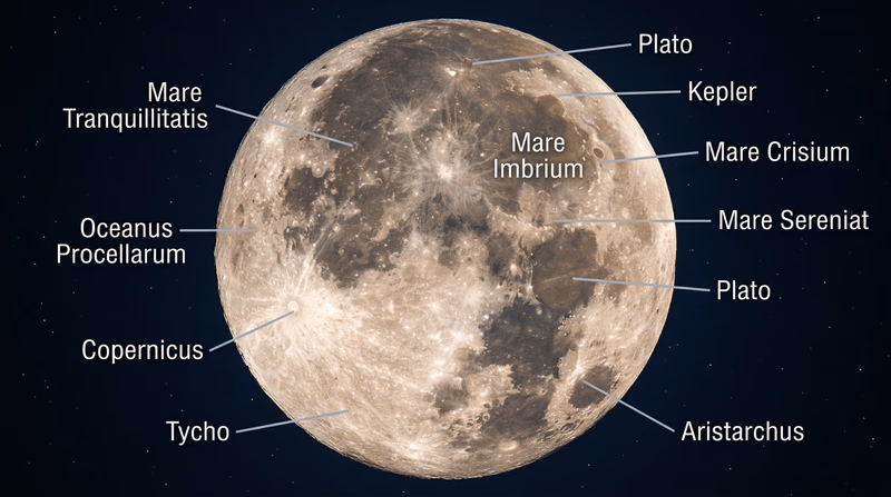 A photograph or detailed illustration of the full Moon with five maria and five craters labeled with connecting lines