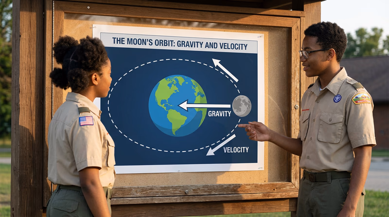A diagram showing the Moon in orbit around Earth with arrows illustrating gravitational pull toward Earth and the Moon's velocity tangent to its orbit, creating the curved orbital path