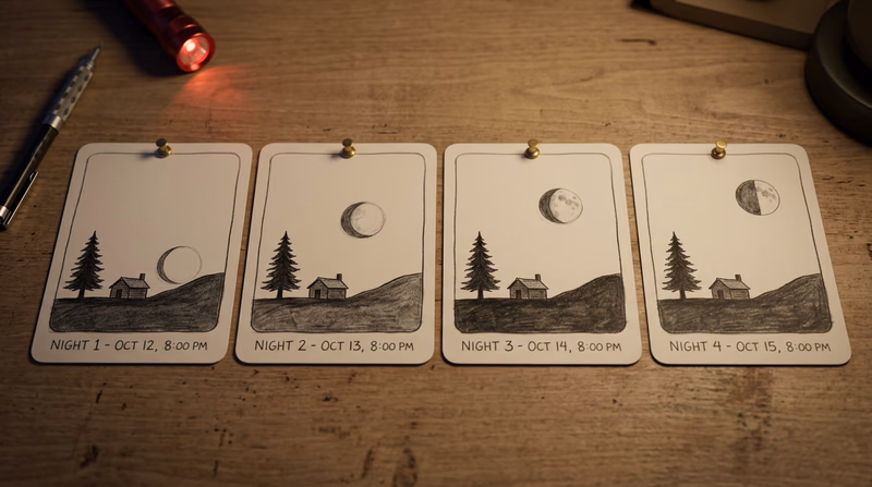 Four sketches side by side showing the Moon's changing phase and position over four consecutive nights, with consistent horizon landmarks (tree, building, hill) in each sketch