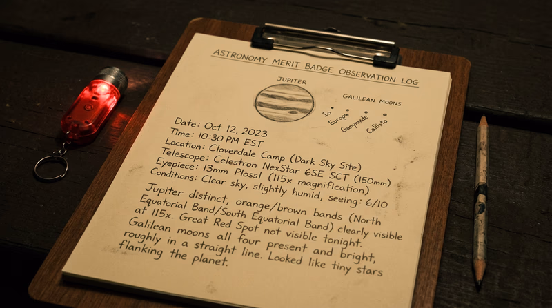 A Scout's observation notebook page showing a sketch of Jupiter with its moons, along with written notes about date, time, conditions, and what was visible