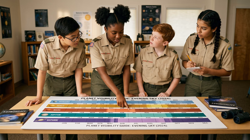 A colorful timeline chart showing the approximate evening visibility windows of all five naked-eye planets across 12 months