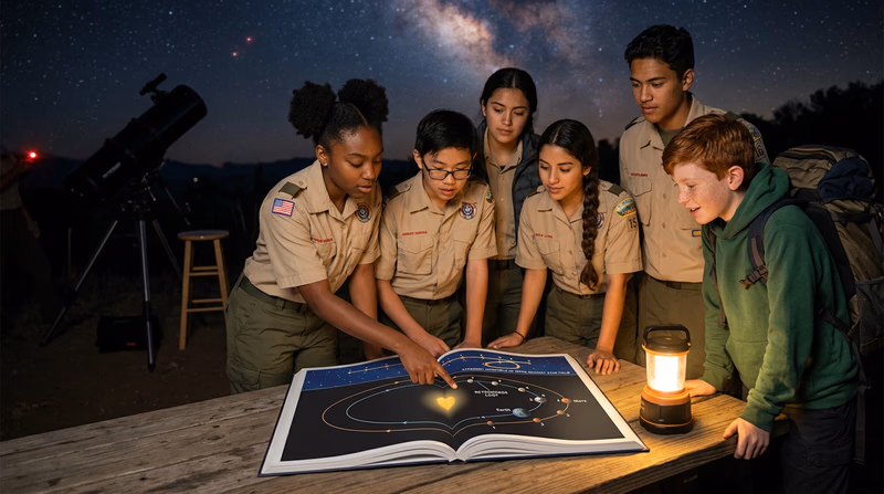 A diagram showing Earth passing Mars in their orbits around the Sun, with numbered positions and corresponding apparent positions of Mars against the background stars showing a retrograde loop