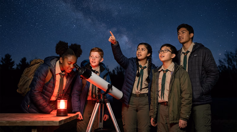 A group of Scouts gathered around a telescope at a star party, with one Scout pointing at the sky and explaining something to the group