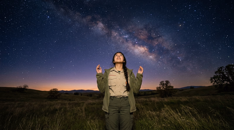 A Scout standing in an open field at night gazing up at a vivid starry sky with the Milky Way visible overhead