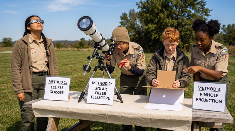 A split illustration showing three safe solar observation methods: eclipse glasses, telescope with solar filter, and pinhole projection