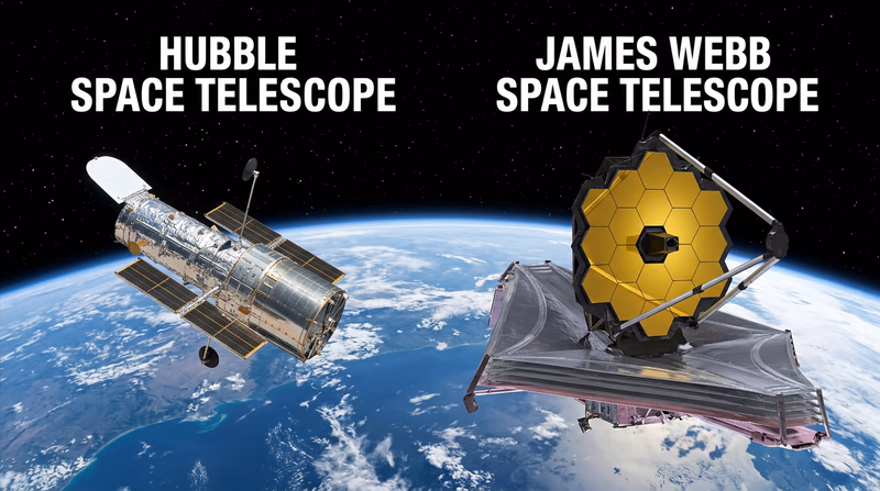 A side-by-side comparison of the Hubble and James Webb Space Telescopes showing their relative sizes and key features