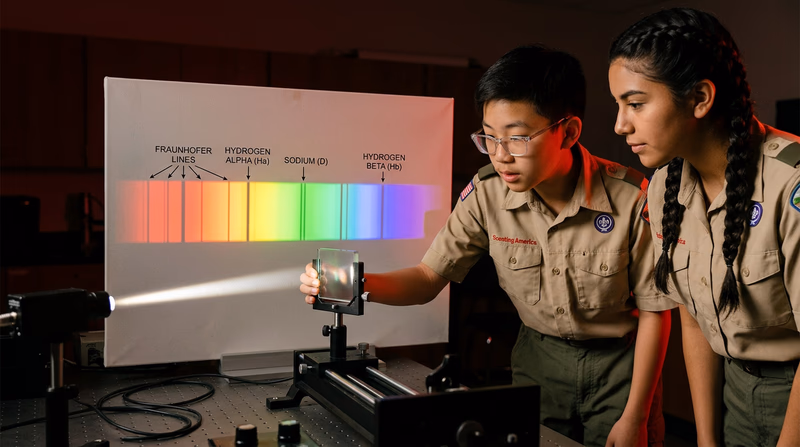 A prism or diffraction grating splitting starlight into a colorful spectrum with labeled absorption lines