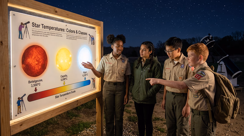 An illustrated temperature scale showing stars ranging from cool red on the left to hot blue on the right, with example stars labeled at each color