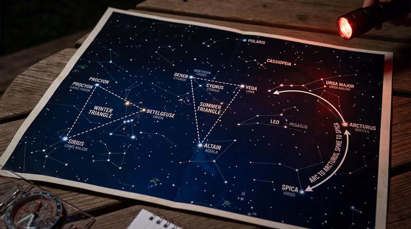 A star chart showing the Winter Triangle (Sirius, Betelgeuse, Procyon), the Summer Triangle (Vega, Deneb, Altair), and the arc from the Big Dipper to Arcturus and Spica