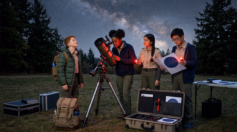 A group of Scouts at a safe stargazing site with red flashlights, level ground, and equipment neatly organized