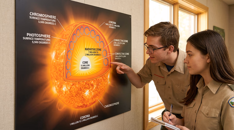 A cross-section diagram of the Sun showing its core, radiative zone, convective zone, photosphere, chromosphere, and corona with labels and approximate temperatures