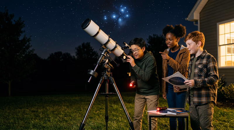 A telescope pointed at the night sky with a bright star cluster visible in the background