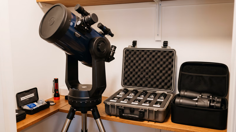 A telescope stored properly indoors with dust caps on, alongside a padded eyepiece case and binoculars in their case