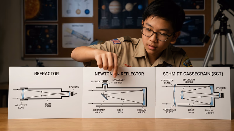 A diagram showing side-by-side cross-sections of a refractor, reflector, and compound telescope with light paths traced through each