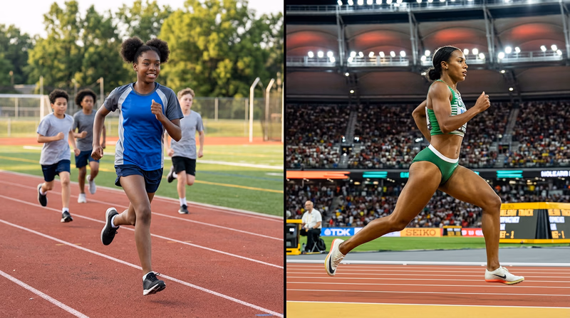 A split scene showing a Scout running on a school track on the left side and a professional athlete in a stadium with a crowd on the right side, both in mid-stride